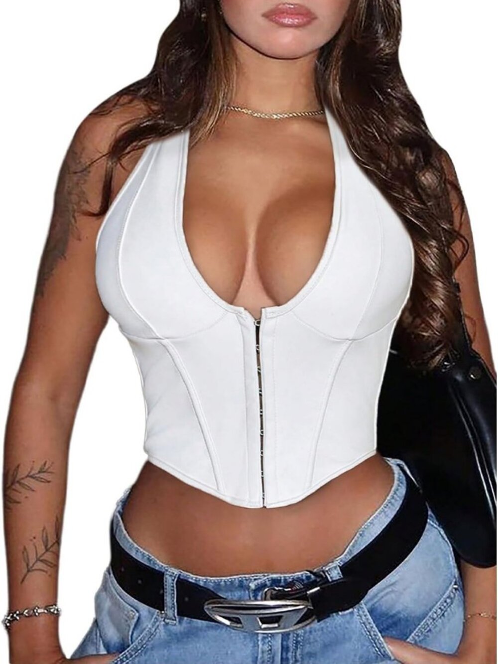Trendy Y2K PU Leather Halter Neck Crop Top - Stylish Women's Fashion Essential
